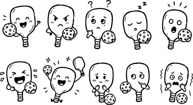 Hand Drawn Pickleball Doodle Set Cartoon Players Paddles Balls and Net Sports Illustrations Vector Collection