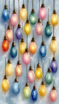 Vector seamless pattern of glowing colorful Christmas lights and individual hanging bulbs on white background