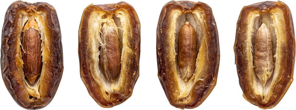 Four halved dates revealing their brown flesh and single seed arranged in a horizontal line against a plain white backdrop Dates 170 characters date fruit food dried fruit