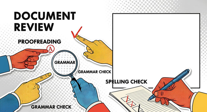 Halftone collage banner with cut out hands reviewing document for grammar and spelling mistakes using a magnifying glass, modern retro vector illustration with copy space for proofreading.