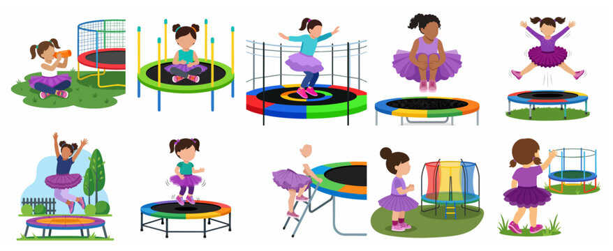 Set of vector illustrations of little girls in tutus jumping and playing on trampolines, diverse children having fun during physical activity and outdoor play.