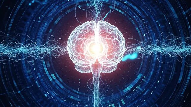 A glowing digital human brain floats amidst complex abstract data network patterns