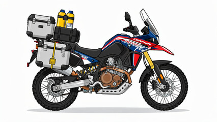 Obraz premium Adventure motorcycle with gear and luggage in urban environment on paved road