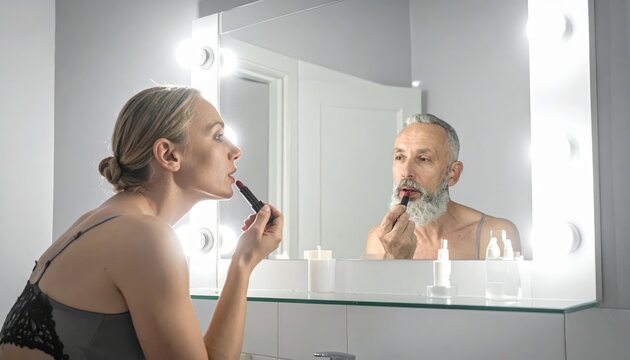 A Woman Applying Lipstick Sees Her Reflection as an Old Bearded Man in a Mirror, Creating a Striking Visual of Identity and Transformation