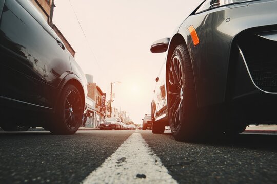 Low-angle view of two dark vehicles parked on a city street at sunset