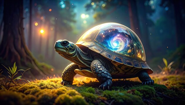 A Wise Turtle Carries a Cosmic Galaxy Within Its Crystal Shell, Wandering Through an Enchanted Forest