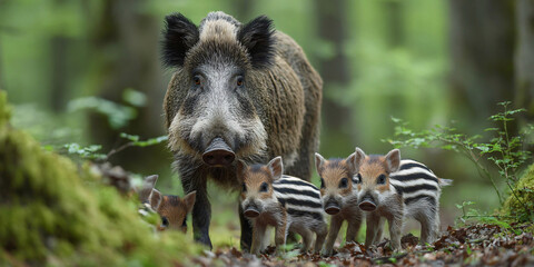 Fototapeta premium Wild Boar Family Walking Through Dense Forest