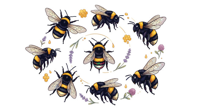 Vintage bumblebee illustration set, hand drawn honey bee collection with lavender and clover, botanical garden insects vector elements