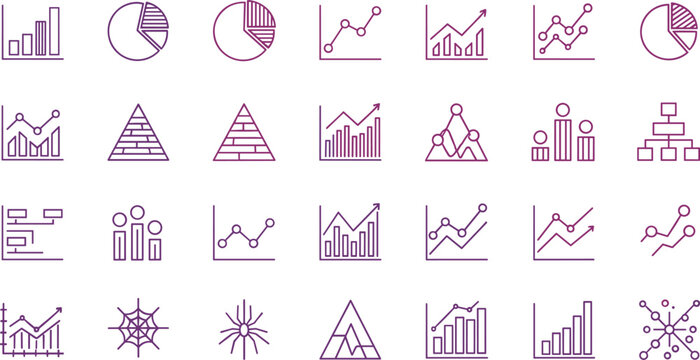 Business data analytics infographic chart and graph line icon set purple vector illustration isolated on white background