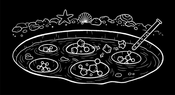 Illustrated tidal pool with marine life and thermometer.