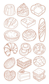 Hand drawn bakery and pastry elements set on transparent background. Vector line art illustration of bread, cake, croissant, and cookies