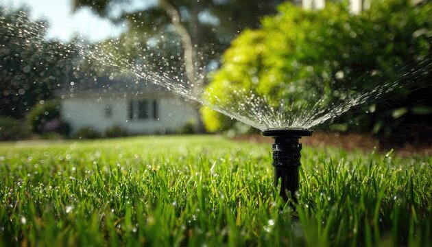 Sprinkler head sprays water onto lush green grass with a house blurred in background