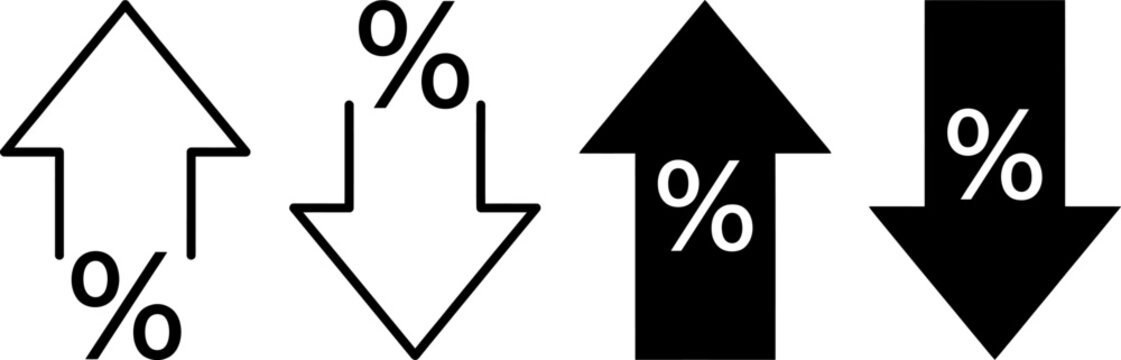 Vector icons of arrows with percentage signs in black and white