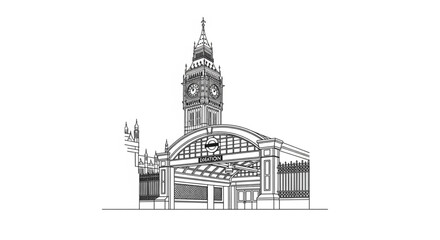 Obraz premium Black and white illustration of clock tower.