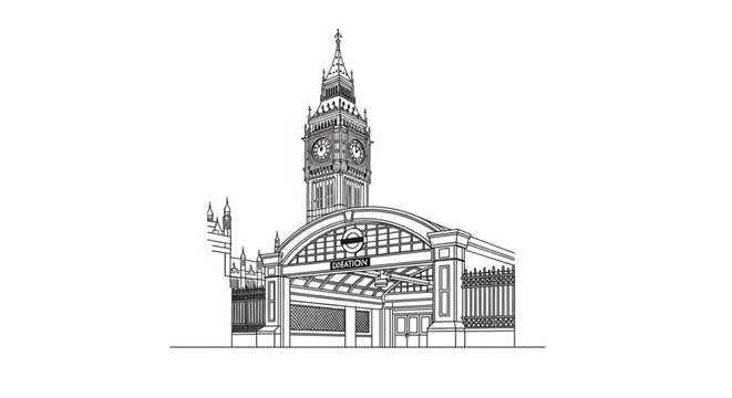 Black and white illustration of clock tower.