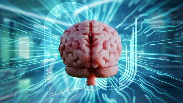 Futuristic Cyber Human Brain 3D Animation with Digital  Motion Medical Interface Graphic, Biology Cybernetic Artificial Intelligence and Machine Learning Technology Background.