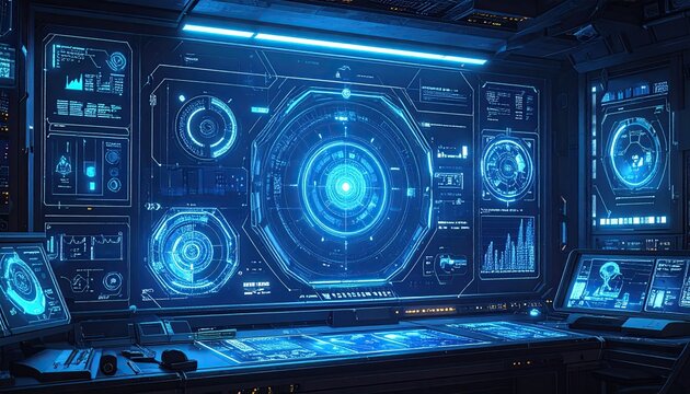 Sci-fi control room with glowing blue holographic data displays