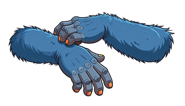 Blue furry cartoon monkey hands crossed.