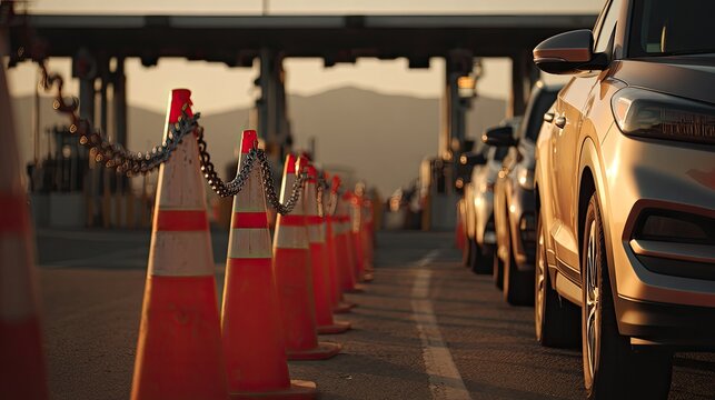 Cars queue at toll booths in the warm glow of sunset