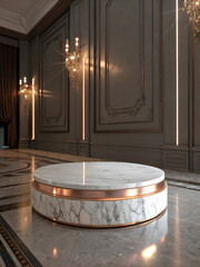 Fototapeta premium A luxurious round marble podium with copper accents in an opulent room with elegant lighting and decorations