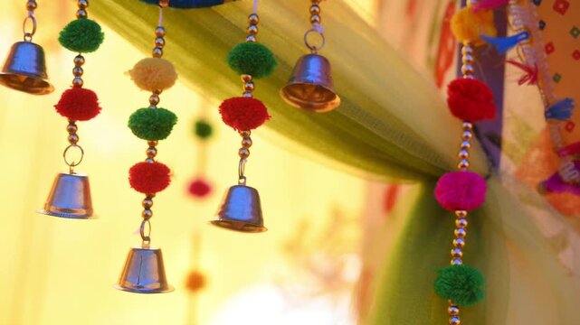 Colorful Floral Wedding Decoration Background with Marigold Garlands and Stage Setup for Indian Marriage Ceremony, Colorful floral decorations and marigold garlands arranged for an Indian wedding