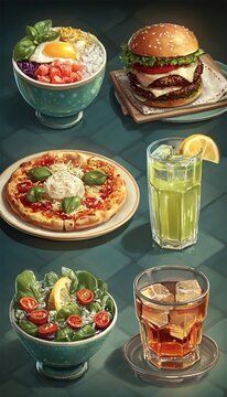 Vector set of food and meal icons, including poke bowls, pizza, pasta, burgers, fresh juices, and salads
