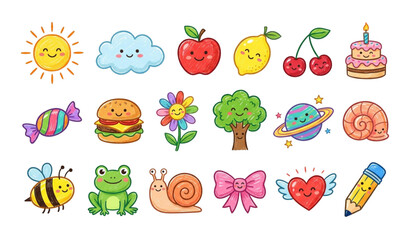 Fototapeta premium Cute kid doodle icon set with sun fruit animals and playful objects vector