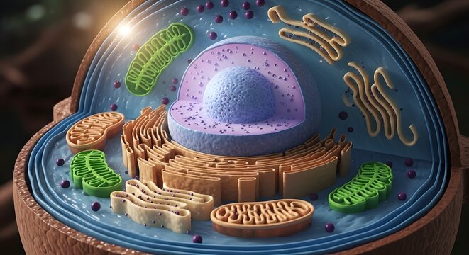 Detailed 3D rendering of plant cell with illuminated nucleus and visible organelles.