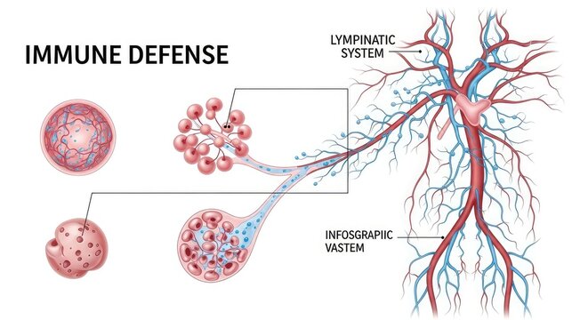 Immune Defense Illustration Showing Lymphatic System and White Blood Cells