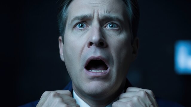 Frightened businessman clutching collar looking at glowing computer screen.