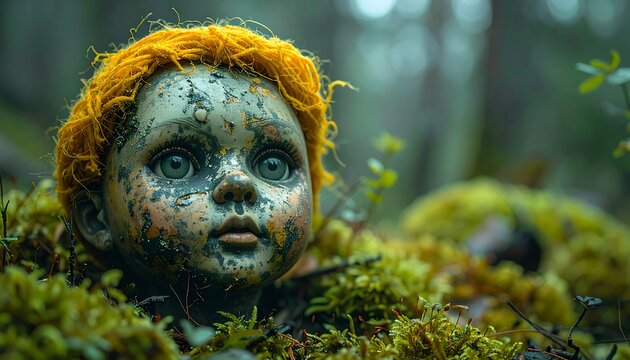 Close-up of decaying doll head, surrounded by moss in a forest