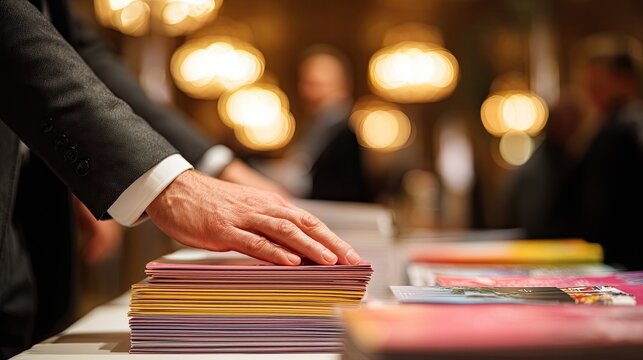 A person in a suit places a hand on a stack of colorful brochures on a table