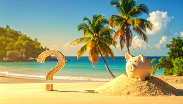 A piggy bank and sand question mark on a tropical beach symbolize financial curiosity, savings decisions, and the balance between leisure and responsibility.