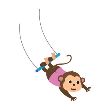 Cute circus monkey character hanging on a trapeze bar. Flat vector illustration isolated for children design