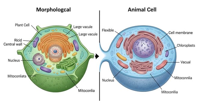 Comparative illustration of plant and animal cell morphology with labeled organelle differences.