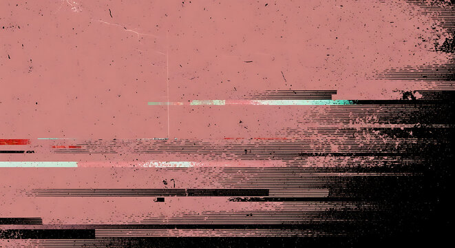 Distressed vintage grunge texture with retro glitch effect and distorted digital screen data in muted pink and black tones, abstract weathered aesthetic vector background illustration