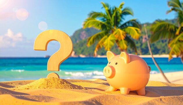 A piggy bank and sand question mark on a tropical beach symbolize financial curiosity, savings decisions, and the balance between leisure and responsibility.