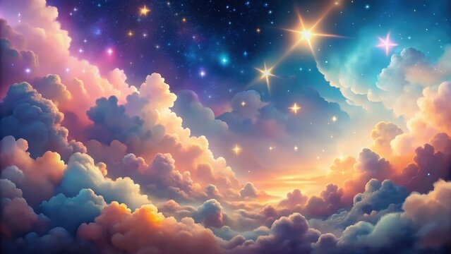 Pastel colorful clouds and stars in gradient night sky perfect for kids designs