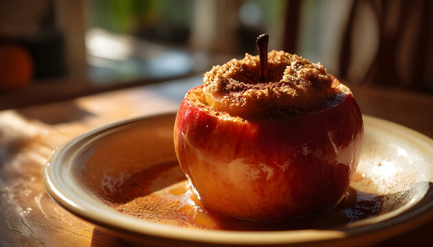 A warm baked apple topped with cinnamon, captured in natural sunlight, evokes comfort