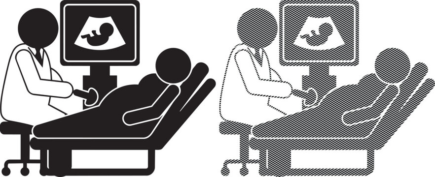 Medical ultrasound examination vector illustration of doctor performing sonogram on pregnant woman with fetus on screen.