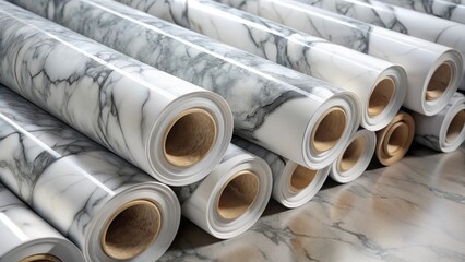 Fototapeta premium Rolls of adhesive marble contact paper in white and grey tones