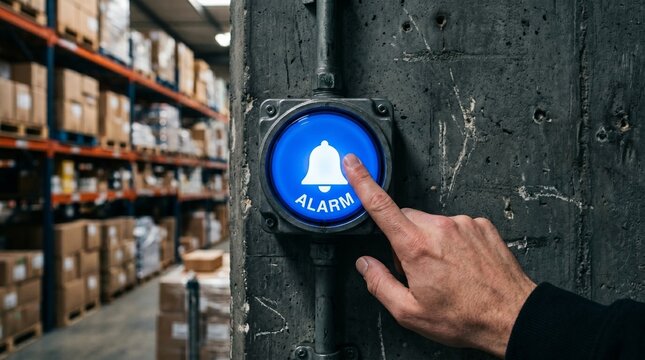 Man finger pushing glowing blue emergency alarm button on wall. Security system activation in warehouse. Industrial safety, notification and alert concept for facility protection.