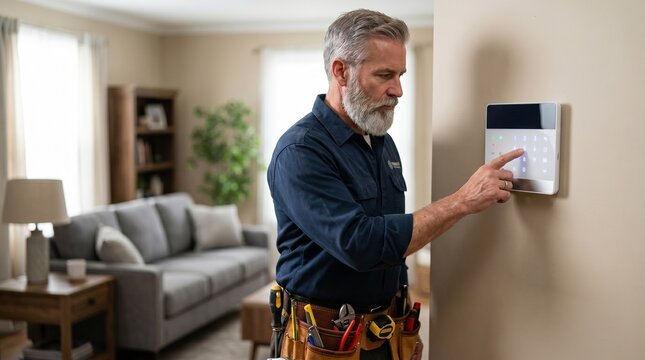 Technician installing security alarm system on wall of house. Man with tools setting password on electronic panel. Professional home protection and safety monitoring setup for client house.