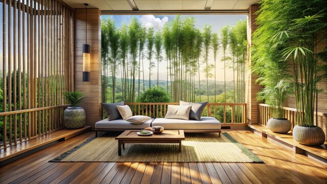 A peaceful balcony with bamboo decor and soft cushions on mats