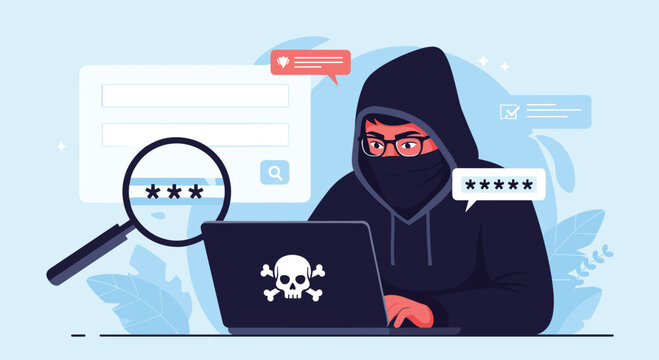 Illustration of a masked hacker in a hoodie working on a laptop to steal passwords and personal data, representing cybercrime threats.