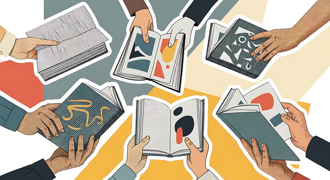 Artistic collage halftone hand holding book exchange study retro vector illustration. Reading culture education mixed media paper cut out aesthetic for learning and library design.