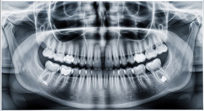 Panoramic Dental X Ray Showing Adult Teeth and Jaw Structure With Orthodontic Braces