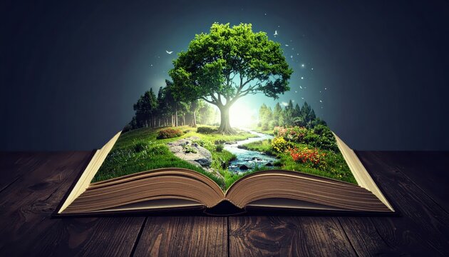 An Open Book Blossoms Into a Miniature Forest Ecosystem Filled with Life and Wonder.
