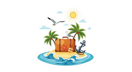 Obraz premium Tropical island travel illustration features a vintage suitcase, anchor, starfish, seagulls, palm trees, and ocean waves.