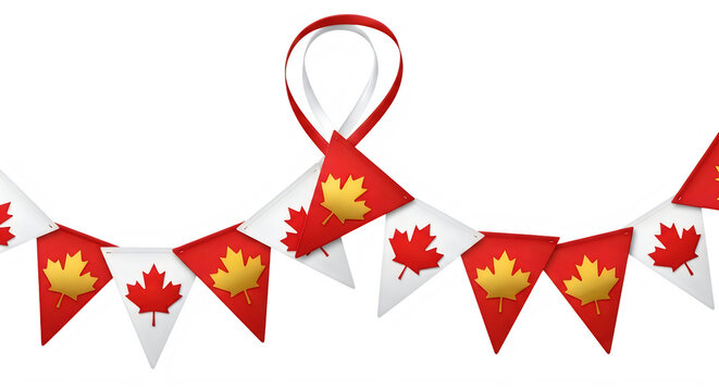 Canadian flag bunting garland with red and white ribbon isolated on transparent background